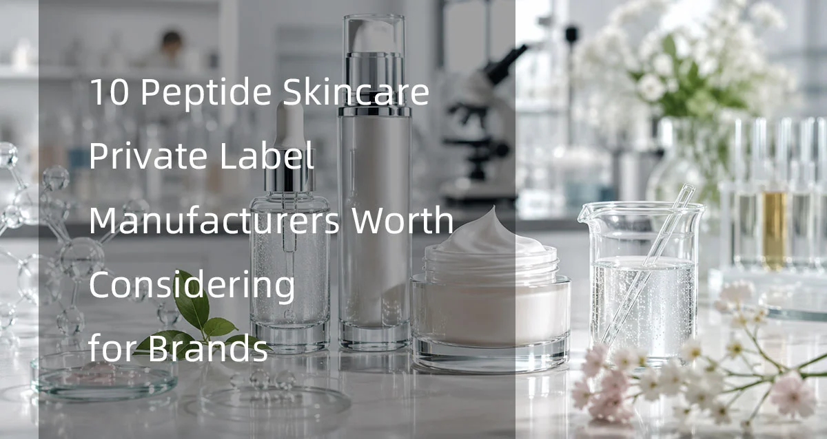 Skincare product packaging with cream jar, serum bottles, and scientific glassware on a lab-inspired background.